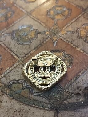 Small Gold Tone CC Logo Square Rope-Edge Pin with Rhinestones